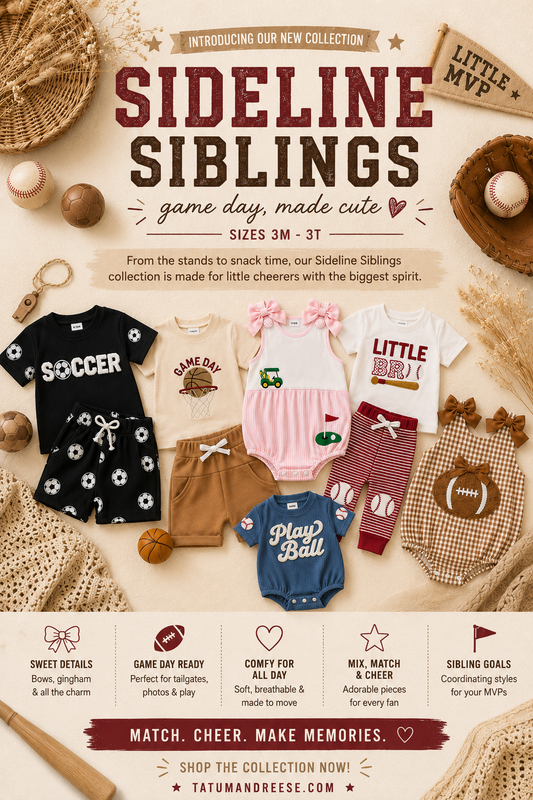 A promotional flat-lay for the Tatum & Reese 'Sideline Siblings' collection, showing six toddler girls' outfits arranged on a rustic beige background with sports props like baseballs, a soccer ball, and a straw hat. The outfits include black, cream, pink, brown, blue, and red-and-white striped baby tees and shorts.